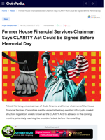 Former House Financial Services Chairman Says CLARITY Act Could Be Signed Before Memorial Day