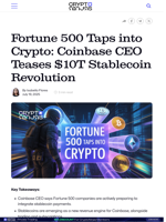 Fortune 500 Taps into Crypto: Coinbase CEO Teases $10T Stablecoin Revolution
