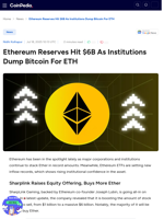 Ethereum Reserves Hit $6B As Institutions Dump Bitcoin For ETH