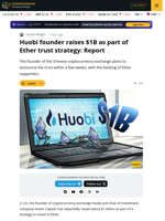 Huobi Founder Raises $1B to Buy Ether: Report