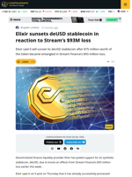 Elixir Pulls Stablecoin Support Due to Stream’s $93M Loss