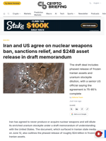 Iran and US agree on nuclear weapons ban, sanctions relief, and $24B asset release in draft memorandum