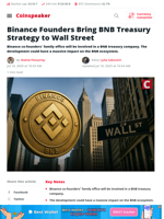 Binance Founders Bring BNB Treasury Strategy to Wall Street - Coinspeaker