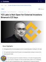 YZi Labs is Not Open for External Investors: Binance’s CZ Says