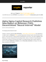 Alpha Sigma Capital Research Publishes New Report on Bittensor (TAO), Decentralized “Neural Internet” Model