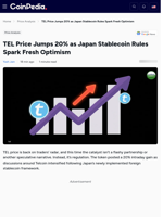 TEL Price Jumps 20% as Japan Stablecoin Rules Spark Fresh Optimism