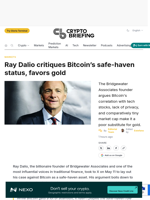 Ray Dalio critiques Bitcoin's safe-haven status, favors gold