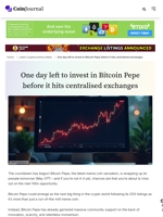One day left to invest in Bitcoin Pepe before it hits centralised exchanges