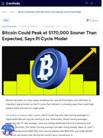 Bitcoin Could Peak at $170,000 Sooner Than Expected, Says PI Cycle Model