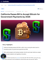 California Passes Bill to Accept Bitcoin for Government Payments by 2026