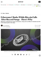 Ethereum Climbs While Bitcoin Falls After Record Surge—Here's Why - Decrypt