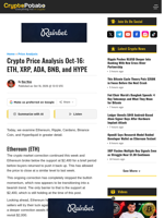 Crypto Price Analysis Oct-16: ETH, XRP, ADA, BNB, and HYPE