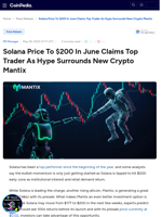 Solana Price To $200 In June Claims Top Trader As Hype Surrounds New Crypto Mantix