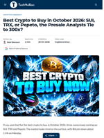 Best Crypto to Buy in October 2026: SUI, TRX, or Pepeto, the Presale Analysts Tie to 300x? - TechBullion
