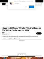 Massive Bitfinex Whale Fills Up Bags as BTC Price Collapses to $67K - U.Today