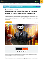 Satoshi Nakamoto Statue Stolen in Lugano, 0.1 BTC Reward Offered