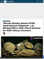  Bitcoin Breaks Below $116K Amid Market Whiplash—JA Mining Offers USD-Fixed Returns for Risk-Weary Investors - TechBullion