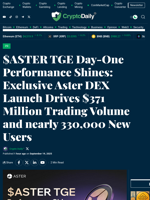 $ASTER TGE Day-One Performance Shines: Exclusive Aster DEX Launch Drives $371 Million Trading Volume and nearly 330,000 New Users - Crypto Daily