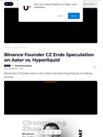 Binance Founder CZ Ends Speculation on Aster vs. Hyperliquid - U.Today