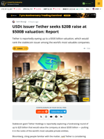 Tether Reportedly Eyes $20B Raise at $500B Valuation