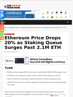 Ethereum Price Drops 20% as Staking Queue Surges Past 2.1M ETH - The Crypto News Wire