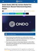 Ondo Seeks SEC No-Action Relief for Ethereum-Based Tokenized Equities Model