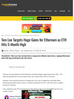 Tom Lee Targets Huge Gains for Ethereum as ETH Hits 5-Month High