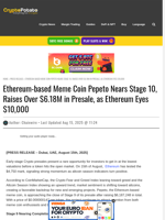 Ethereum-based Meme Coin Pepeto Nears Stage 10, Raises Over $6.18M in Presale, as Ethereum Eyes $10,000