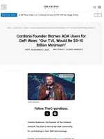 Cardano Founder Blames ADA Users for DeFi Woes: “Our TVL Would Be $5-10 Billion Minimum”