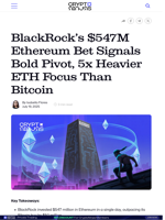 BlackRock’s $547M Ethereum Bet Signals Bold Pivot, 5x Heavier ETH Focus Than Bitcoin
