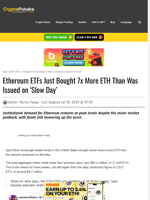 Ethereum ETFs Just Bought 7x More ETH Than Was Issued on ‘Slow Day’