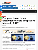 European Union to ban anonymous crypto and privacy tokens by 2027 - The Crypto News Wire