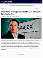 SpaceX IPO Trading Delayed as Nasdaq Completes Opening Auction