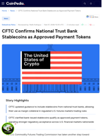 CFTC Confirms National Trust Bank Stablecoins as Approved Payment Tokens