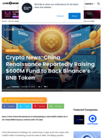Crypto News: China Renaissance Reportedly Raising $600M Fund to Back Binance’s BNB Token | Live Bitcoin News