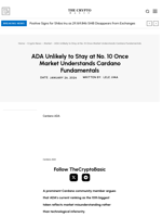 ADA Unlikely to Stay at No. 10 Once Market Understands Cardano Fundamentals