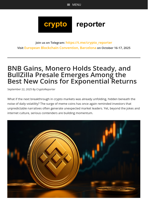 BullZilla Presale Gains Momentum as Binance Coin and Monero Strengthen Markets