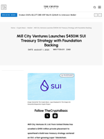 Mill City Ventures Launches $450M SUI Treasury Strategy with Foundation Backing