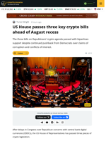 US House Passes Three Key Crypto Bills Ahead of August Recess