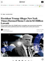President Trump Alleges New York Times Harmed Meme Coin in $15 Billion Lawsuit - Decrypt