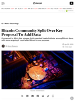 Bitcoin Community Split Over Key Proposal To Add Data - Decrypt