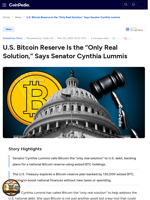 U.S. Bitcoin Reserve Is the “Only Real Solution,” Says Senator Cynthia Lummis