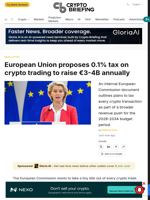 European Union proposes 0.1% tax on crypto trading to raise €3-4B annually