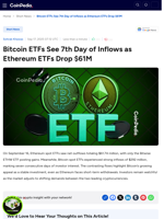 Bitcoin ETFs See 7th Day of Inflows as Ethereum ETFs Drop $61M