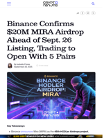 Binance Confirms $20M MIRA Airdrop Ahead of Sept. 26 Listing, Trading to Open With 5 Pairs