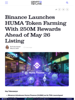 Binance Launches HUMA Token Farming With 250M Rewards Ahead of May 26 Listing