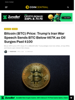 Bitcoin (BTC) Price: Trump's Iran War Speech Sends BTC Below $67K as Oil Surges Past $100 - CoinCentral