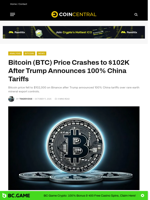 Bitcoin (BTC) Price Crashes to $102K After Trump Announces 100% China Tariffs - CoinCentral