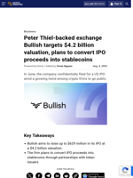Peter Thiel-backed exchange Bullish targets $4.2 billion valuation, plans to convert IPO proceeds into stablecoins