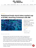Robinhood leads stock token market cap at $78M, dwarfing Coinbase's $9.4M